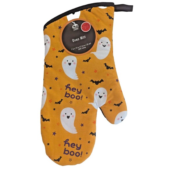 Hey Boo Ghosts Bats Kitchen Towels Oven Mitt Orange Reverse Black 3pc Gift NEW - Picture 2 of 4